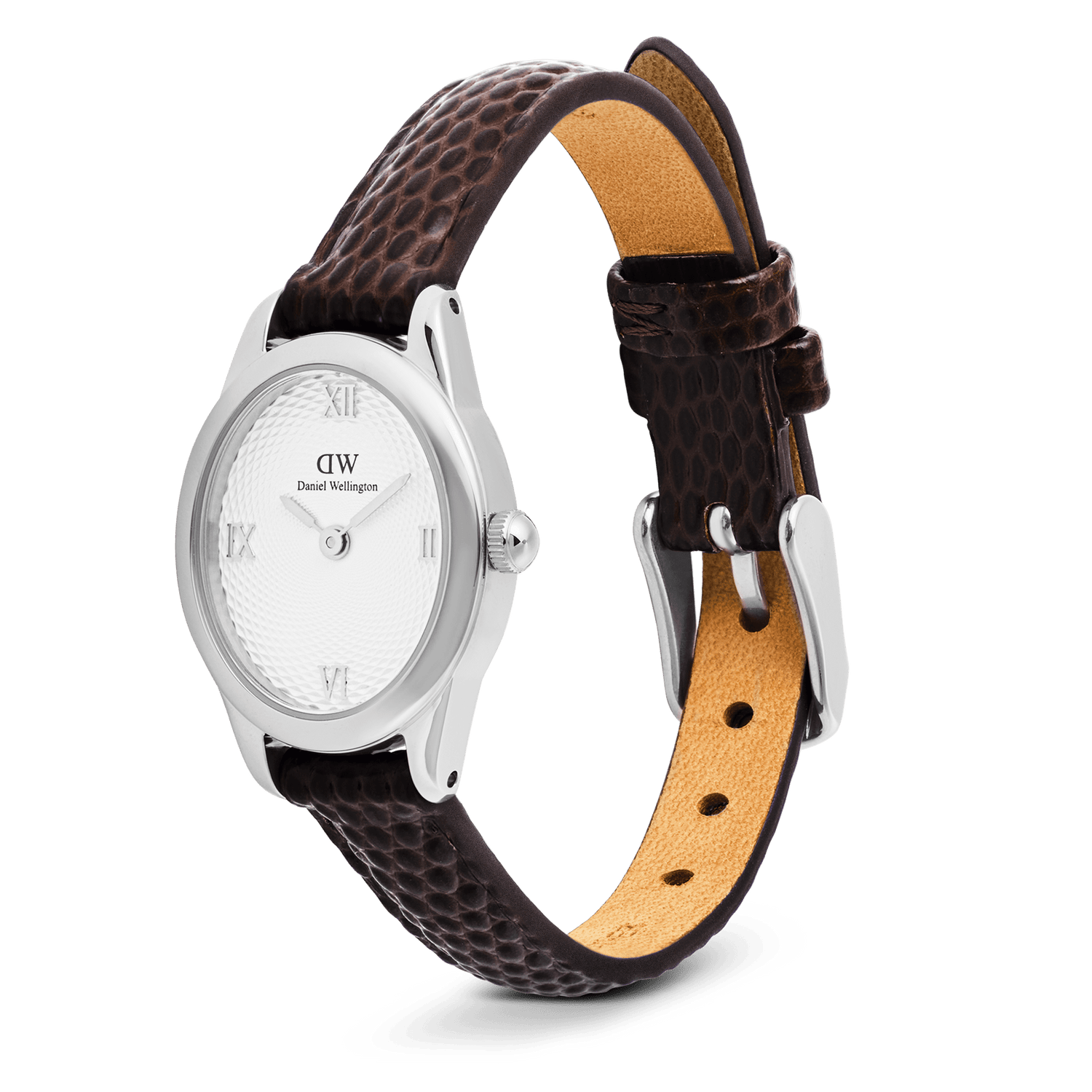 Ophelia Mini Dark Brown Lizard White Guilloché Silver