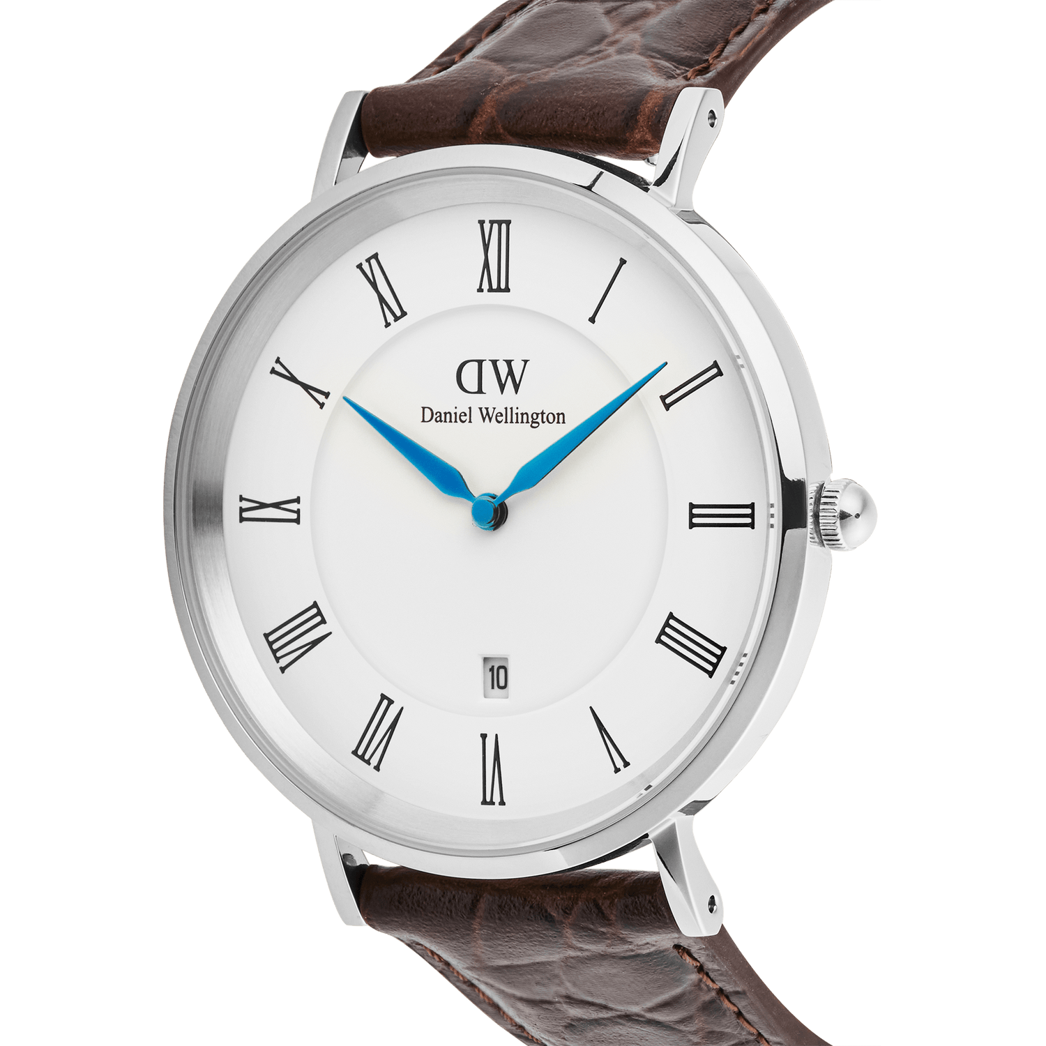 Classic Roman Numerals Date Dark Brown Croc Belly Silver